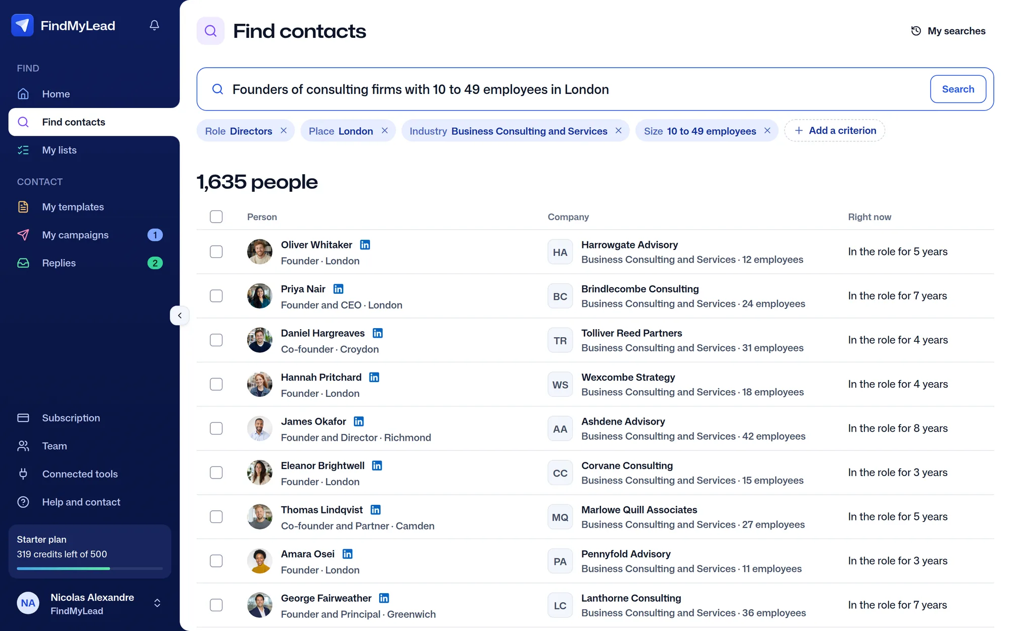 The FindMyLead people search: the sentence “Founders of consulting firms with 10 to 49 employees in London”, the criteria understood and 1,635 people found, each with their company and time in post.