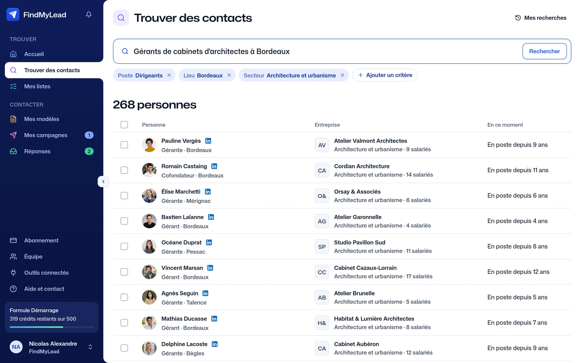 La recherche de contacts FindMyLead : la phrase « Gérants de cabinets d'architectes à Bordeaux » et 268 personnes trouvées, chacune avec son entreprise et son ancienneté.