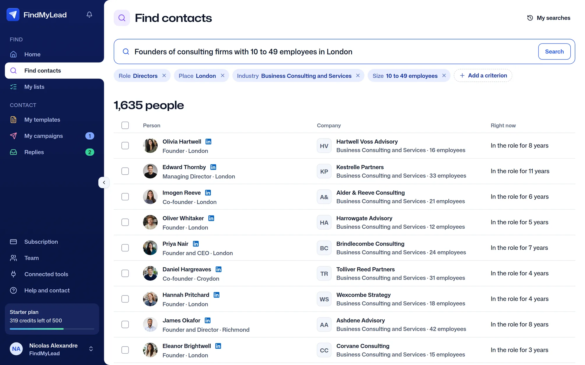 The FindMyLead people search: the sentence “Founders of consulting firms with 10 to 49 employees in London” and 1,635 people found, each with their company and time in post.