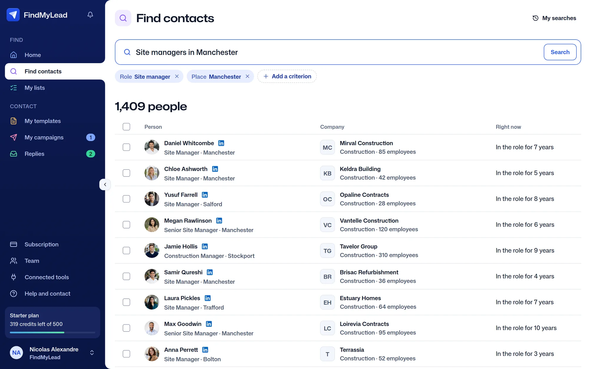 The FindMyLead people search: the sentence “Site managers in Manchester” and 1,409 people found, each with their company and time in post.