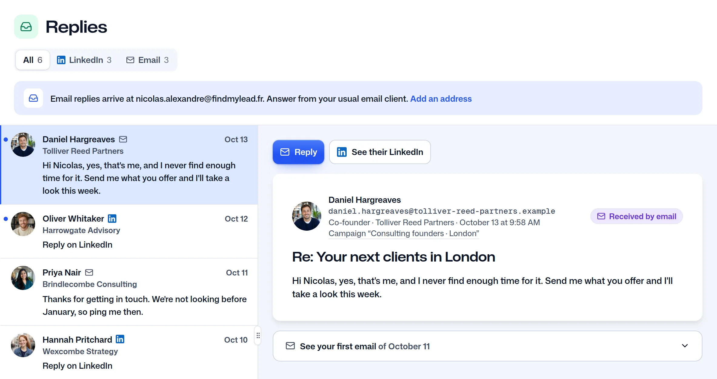 The Replies page: LinkedIn and email replies in one list, with Daniel Hargreaves's reply shown.