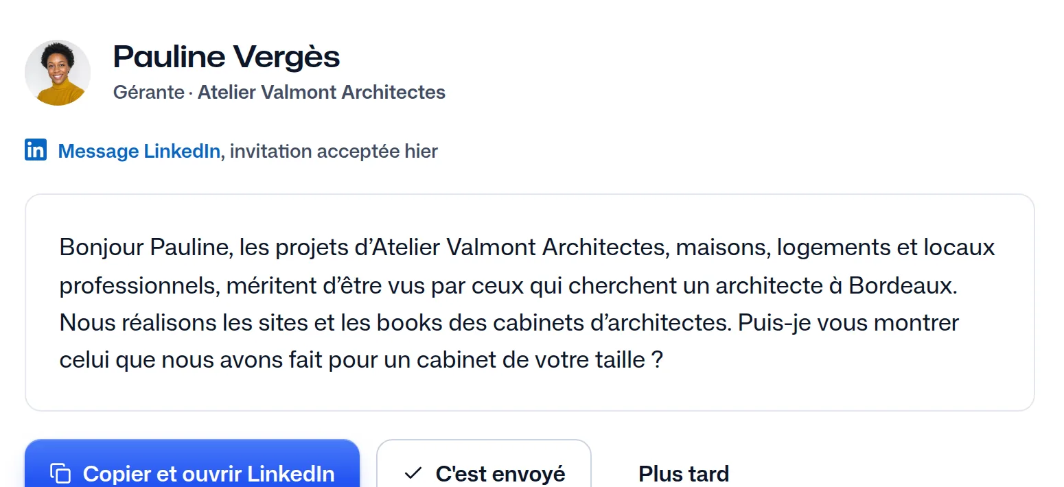 Le message écrit pour Pauline Vergès à partir du modèle de l'agence.