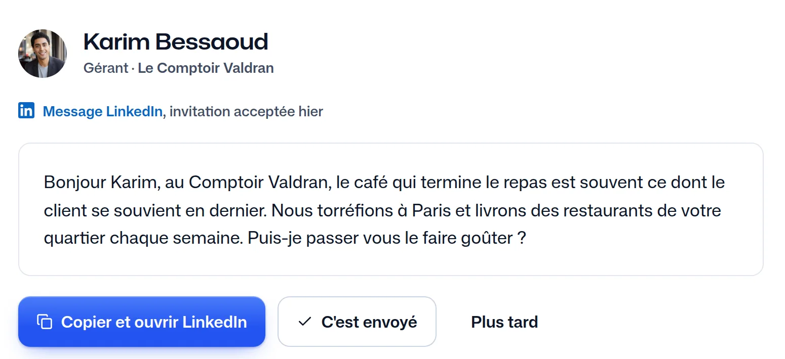 Le message écrit pour Karim Bessaoud à partir du modèle du commercial.