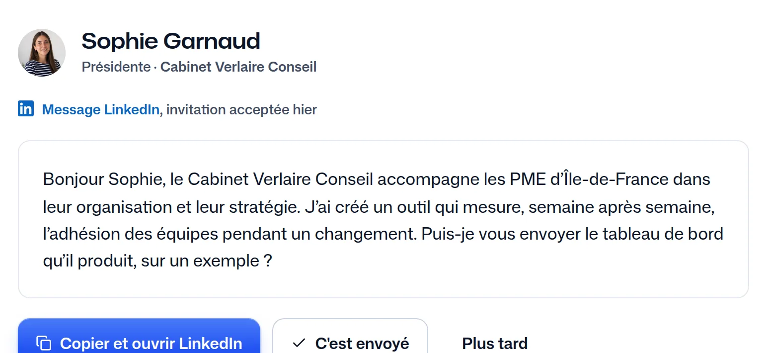 Le message écrit pour Sophie Garnaud à partir de votre modèle.