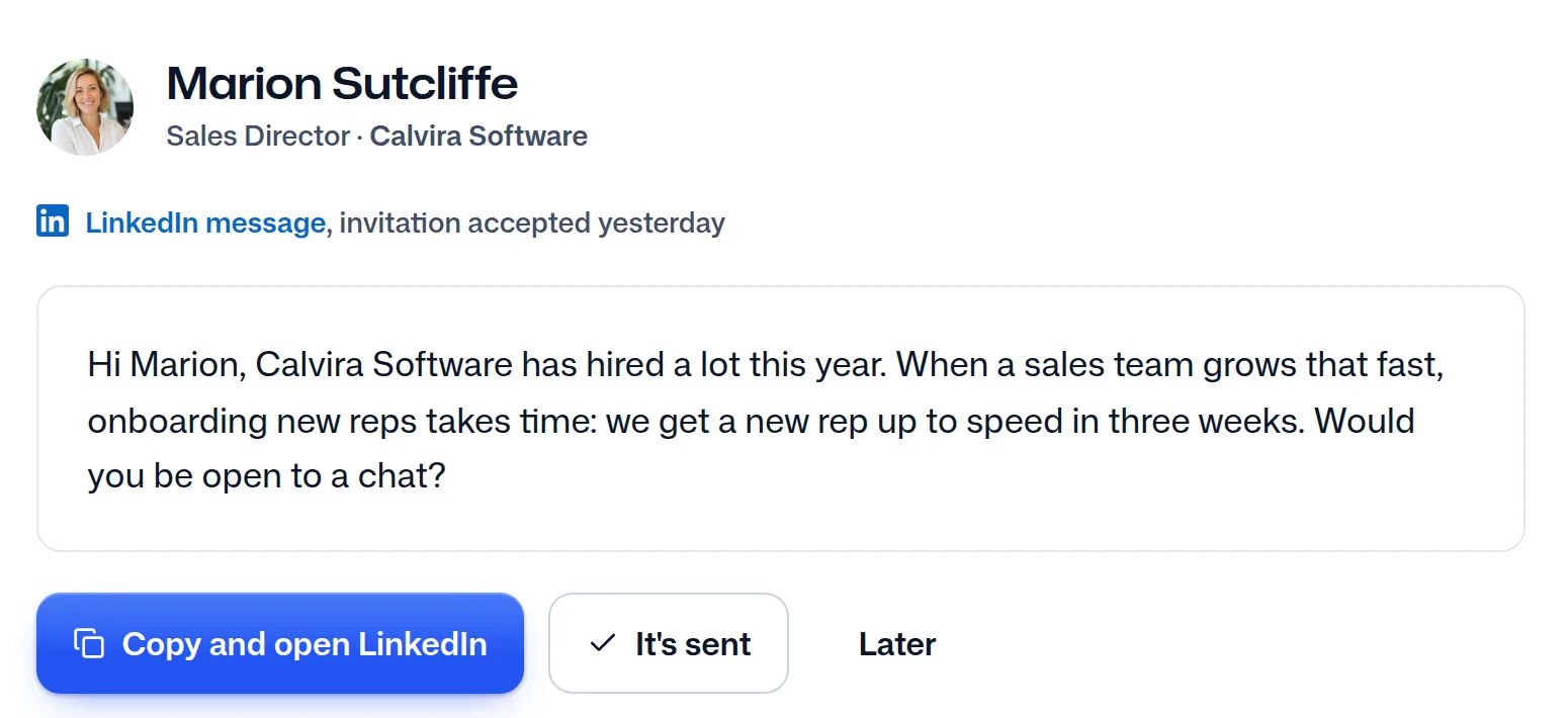 The message written for Marion Sutcliffe from the user's template.