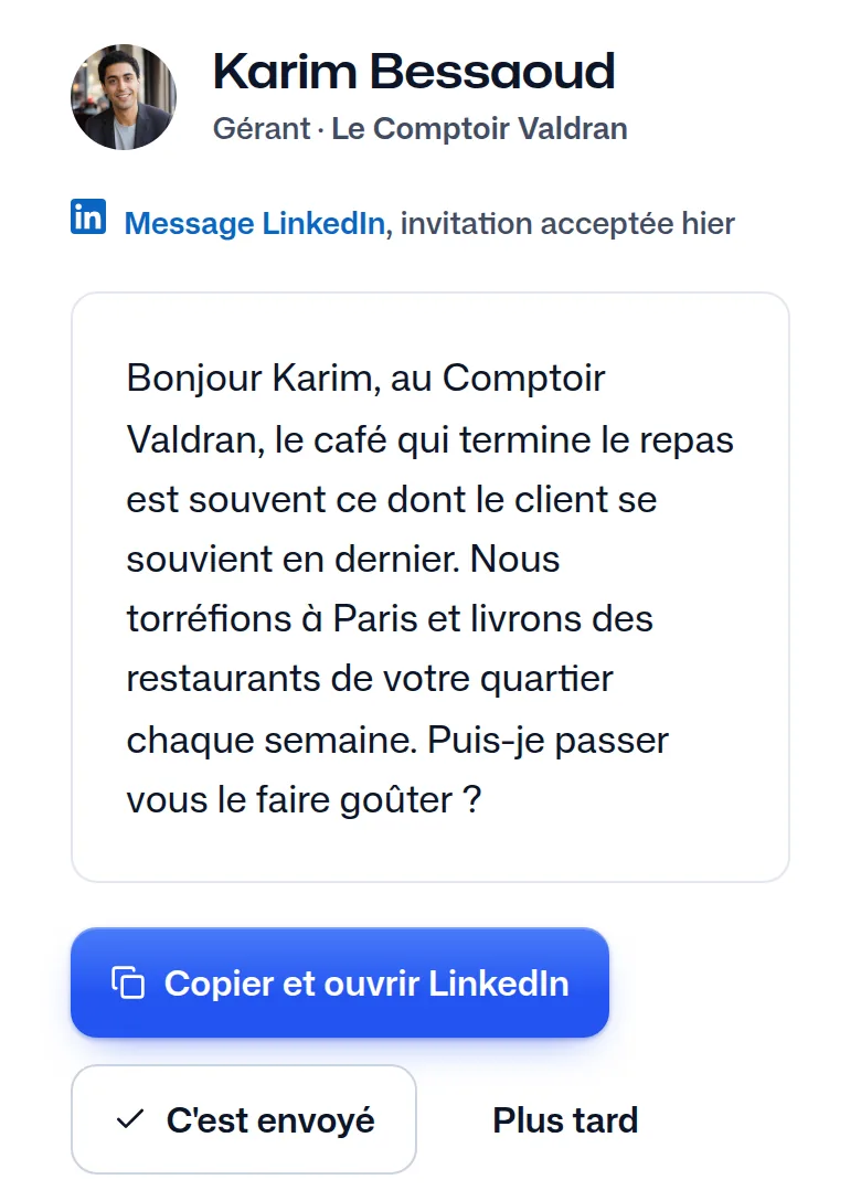 Le message écrit pour Karim Bessaoud à partir du modèle du commercial.