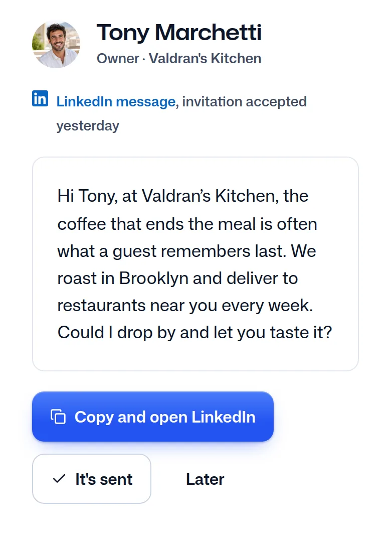 The message written for Tony Marchetti from the sales rep's template.