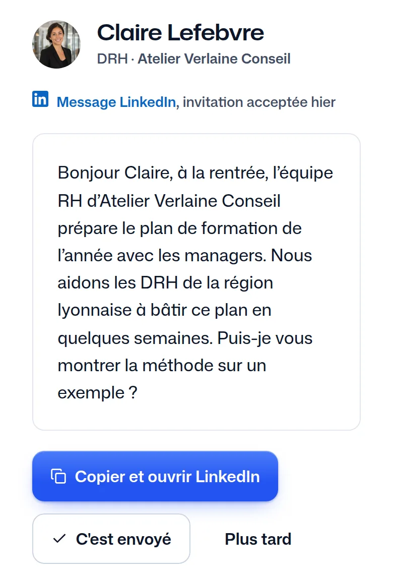 Le message écrit pour Claire Lefebvre à partir du modèle de l'équipe.