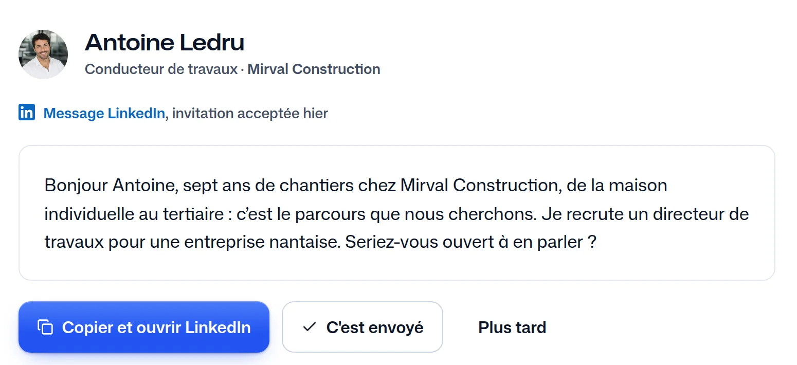 Le message écrit pour Antoine Ledru à partir du modèle du recruteur.