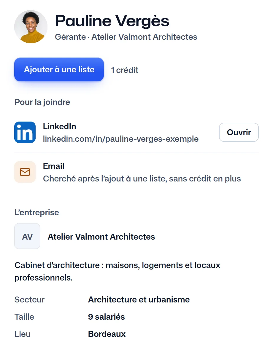 Pauline Vergès dans FindMyLead : son poste, son cabinet et son LinkedIn.