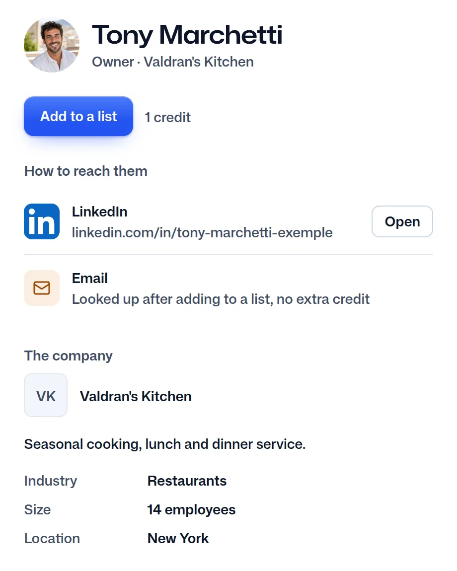 Tony Marchetti in FindMyLead: his job, his company and his LinkedIn profile.