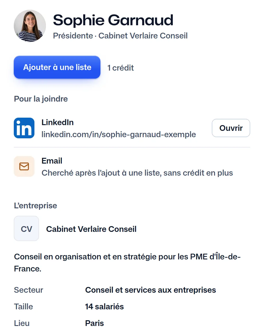 Sophie Garnaud dans FindMyLead : son poste, son cabinet et son LinkedIn.