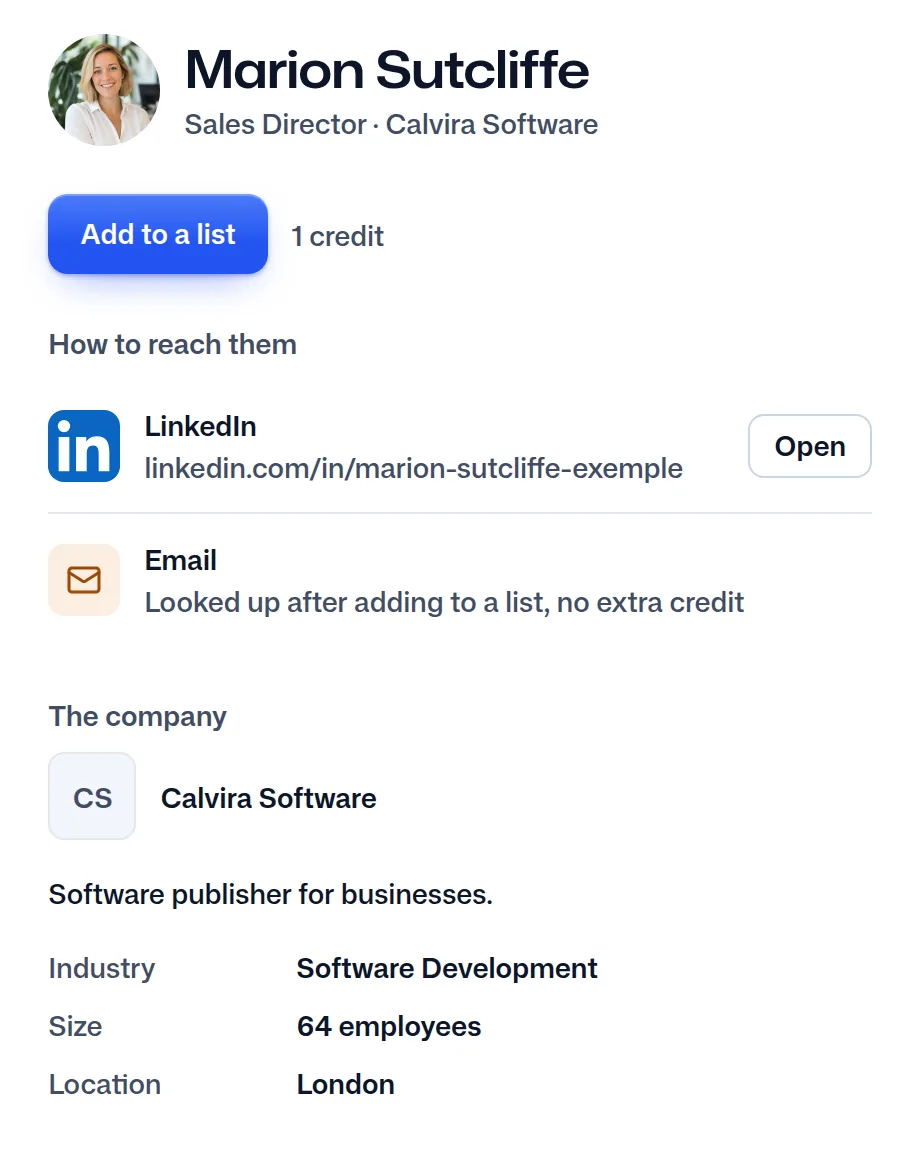 Marion Sutcliffe's record in FindMyLead: her job, her company and her LinkedIn profile.