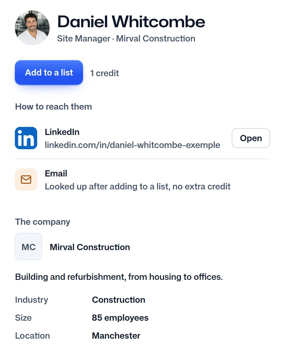Daniel Whitcombe's record in FindMyLead: his job, his company and his LinkedIn profile.
