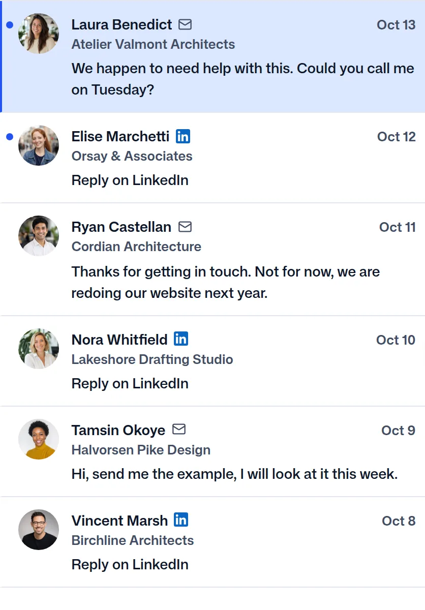 The replies in FindMyLead, Laura Benedict's first.