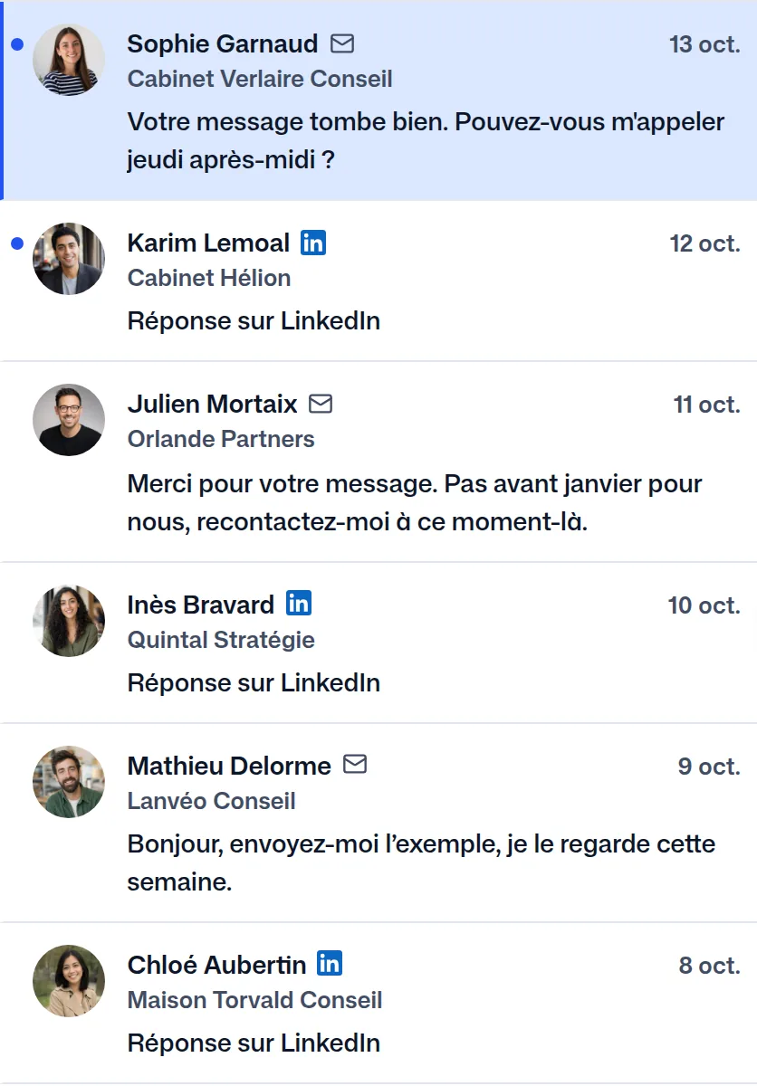 Les réponses dans FindMyLead, celle de Sophie Garnaud en premier.