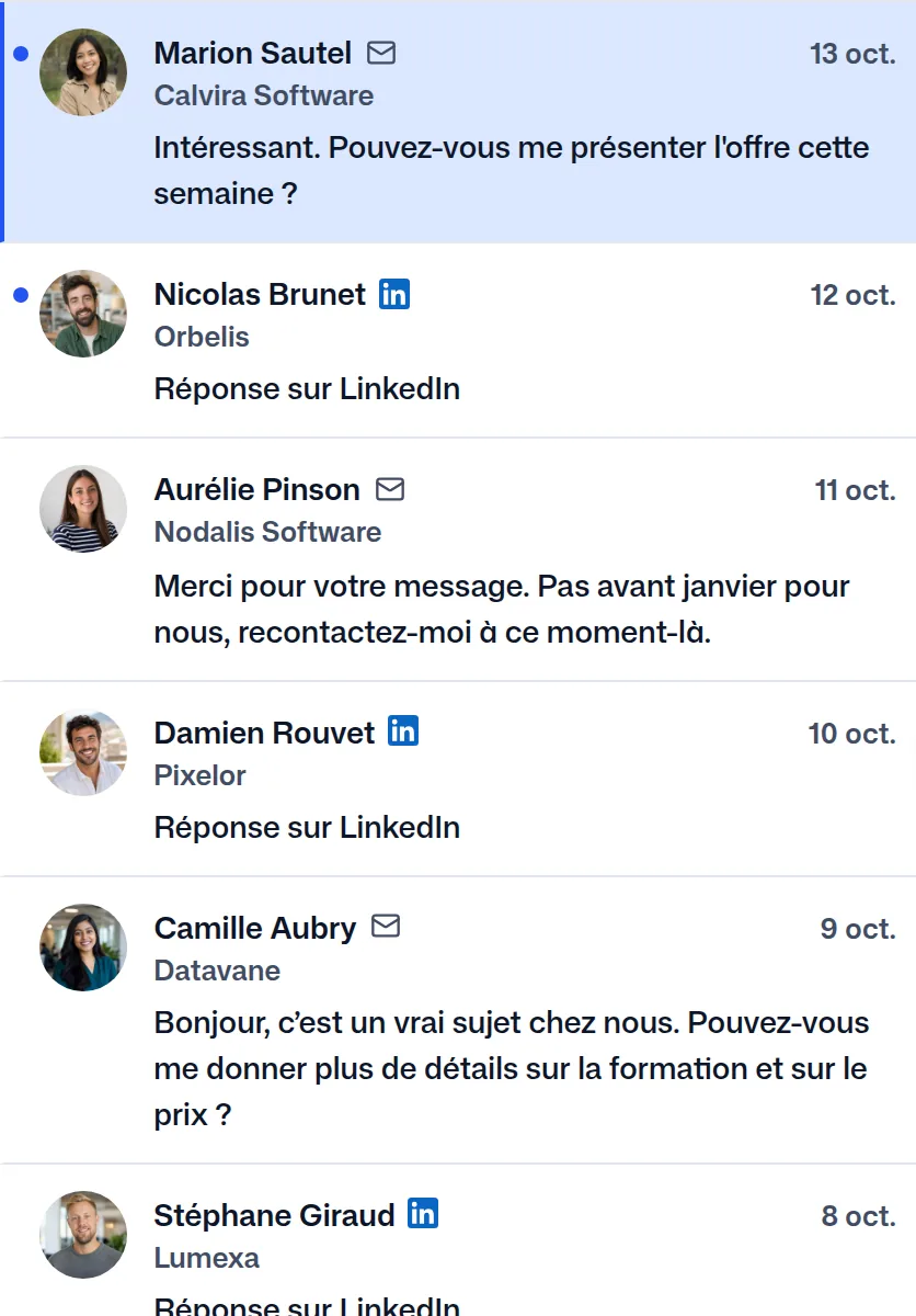 Les réponses dans FindMyLead, celle de Marion Sautel en premier.
