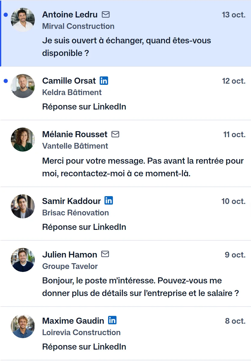 Les réponses dans FindMyLead, celle d'Antoine Ledru en premier.